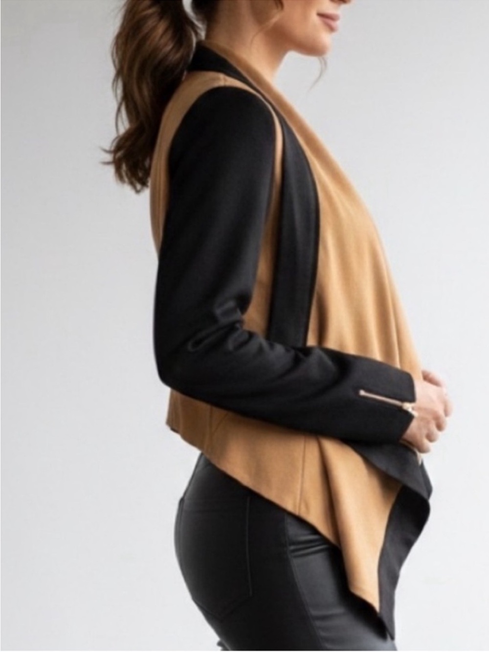 MO&Co. Contrast Trim Faux Suede Drape Cardigan Jacket - Size Small